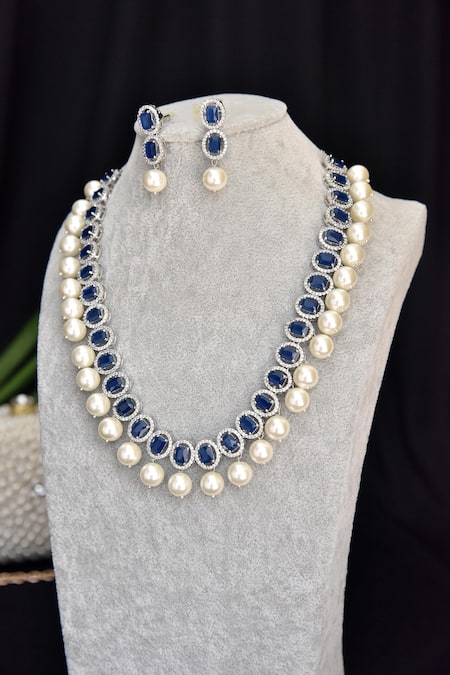 Buy Swabhimann Blue Stones, Pearls Sapphire Embellished Necklace Set Online at Aza Fashions Buy_Swabhimann_Blue Stones, Pearls Sapphire Embellished Necklace Set _Online_at_Aza_Fashions
