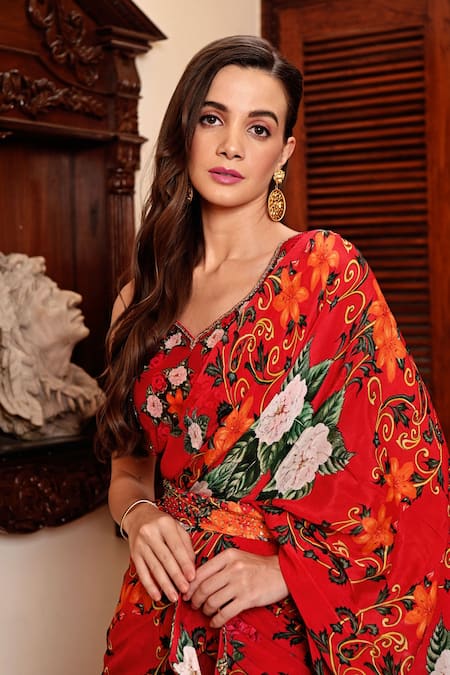 Buy_Sanam_Red Silk, Chiffon Embroidery Claire Garden Pattern Sharara Saree With Blouse _Online_at_Aza_Fashions