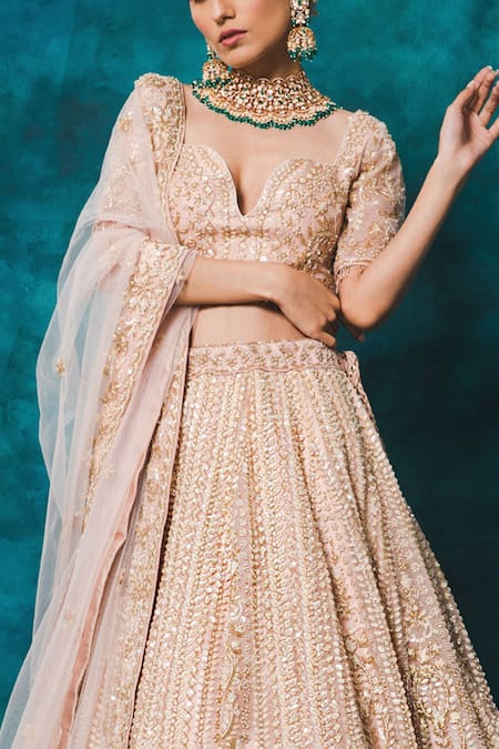 Buy_Mehar_Pink Net Sequins, Crystals, Flower Vine Hand Embroidered Bridal Lehenga Set _Online_at_Aza_Fashions
