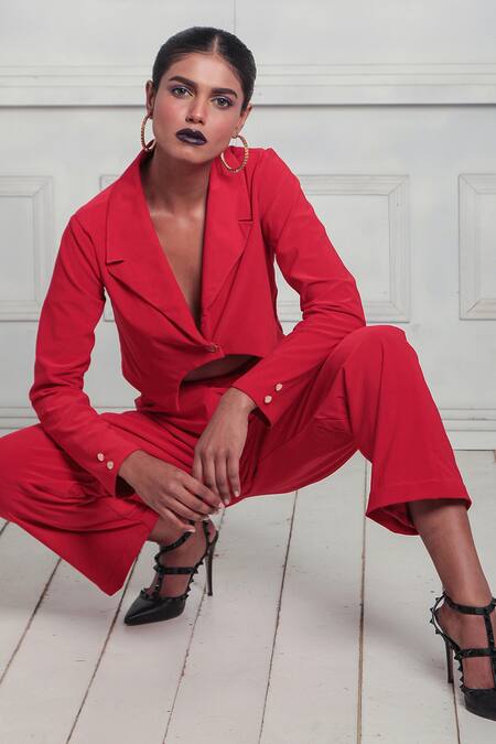 Buy_Couché By Anandini_Red Pashmina Embroidery Punto Solid Blazer And Pant Set _Online_at_Aza_Fashions