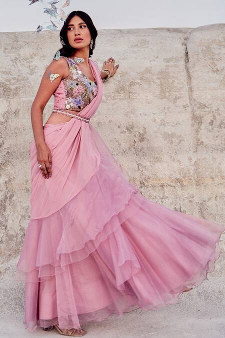 Buy Nikita Vishakha Purple Organza, Net, Georgette, Jacquard Pre-draped Ruffle Saree With Blouse Online at Aza Fashions Buy_Nikita Vishakha_Purple Organza, Net, Georgette, Jacquard Pre-draped Ruffle Saree With Blouse _Online_at_Aza_Fashions