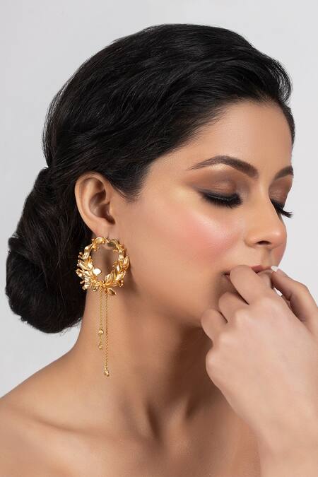 Opalina Soulful Jewellery Gold Plated Beads, Cut Work Handcrafted Hoop Danglers Online at Aza Fashions Opalina Soulful Jewellery_Gold Plated Beads, Cut Work Handcrafted Hoop Danglers _Online_at_Aza_Fashions