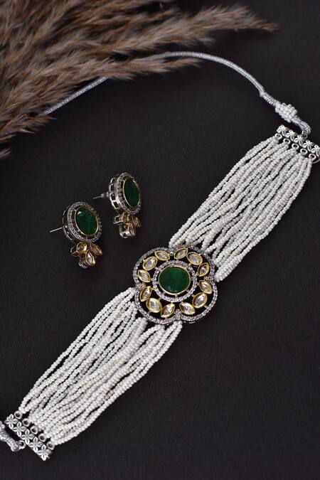 Buy_Swabhimann_Green Pearls Polki Studded Choker Necklace Set _Online_at_Aza_Fashions