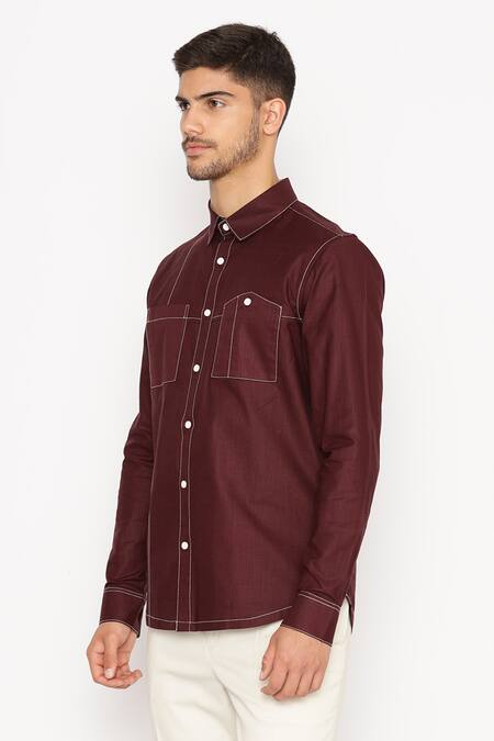 Buy_Lacquer Embassy_Maroon 100% Cotton Solid Olave Shirt _Online_at_Aza_Fashions