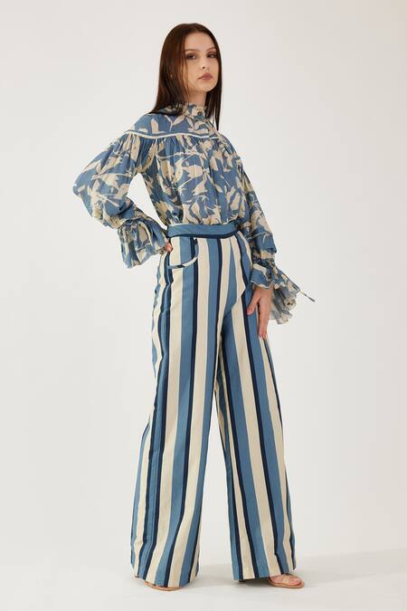 Buy_Koai_Cream Cotton, Silk Stripe Pattern Flared Pant _Online_at_Aza_Fashions