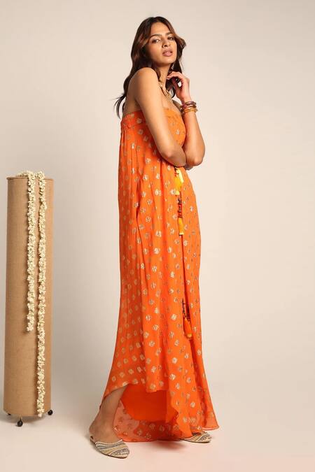 Style Junkiie_Orange Georgette Tassels Square Neck Self Embroidered Tube Jumpsuit _Online_at_Aza_Fashions