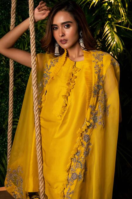 Buy Pallavi Poddar Yellow Organza, Crepe, Cotton Zari, Zardozi Floral Cape And Draped Pant Set Online at Aza Fashions Buy_Pallavi Poddar_Yellow Organza, Crepe, Cotton Zari, Zardozi Floral Cape And Draped Pant Set _Online_at_Aza_Fashions
