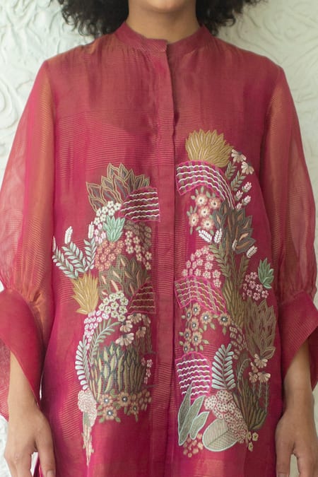 Buy_Oja_Pink Handloom Silk Applique Mandarin Collar Embroidered High Low Tunic With Pant _Online_at_Aza_Fashions