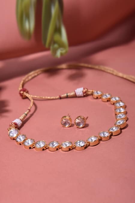 Buy_Swabhimann_Gold Plated Diamonds, Stones Circular Polki Embellished Necklace Set _Online_at_Aza_Fashions