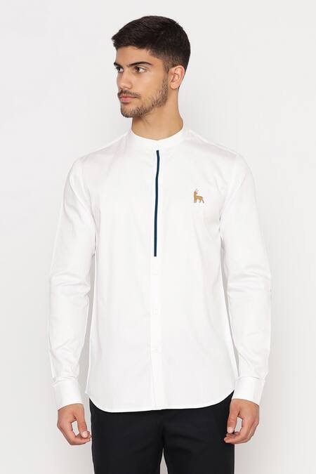 Buy_Lacquer Embassy_White Cotton Embroidery, Patchwork Antler Motif Shirt _Online_at_Aza_Fashions