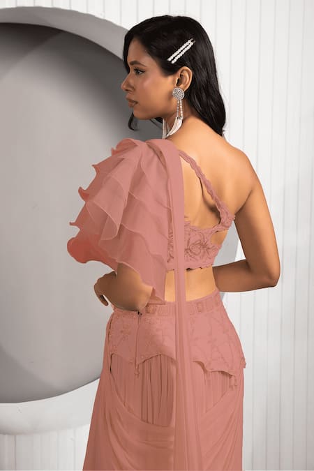 Buy Jade By Ashima Pink Georgette, Crepe Embroidery One Shoulder Floral Blouse And Gown Set Online at Aza Fashions Buy_Jade By Ashima_Pink Georgette, Crepe Embroidery One Shoulder Floral Blouse And Gown Set _Online_at_Aza_Fashions