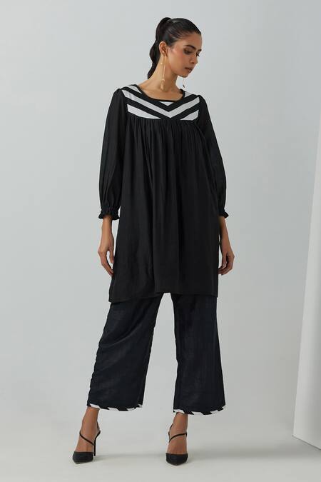 Buy_The Indian Cause_Black Chanderi Round Neck Gathered Tunic And Palazzo Set_Online_at_Aza_Fashions