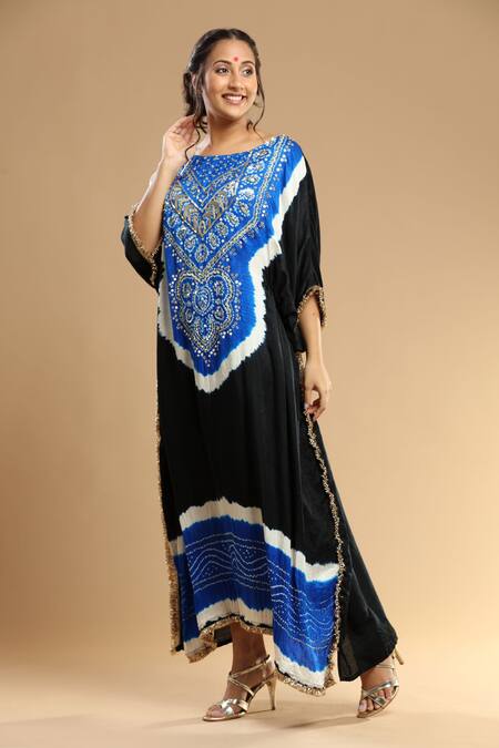 Buy_Etasha By Asha Jain_Blue Gingham Mirrors, Crystals Round Neck Bandhani Pattern Embroidered Kaftan _Online_at_Aza_Fashions