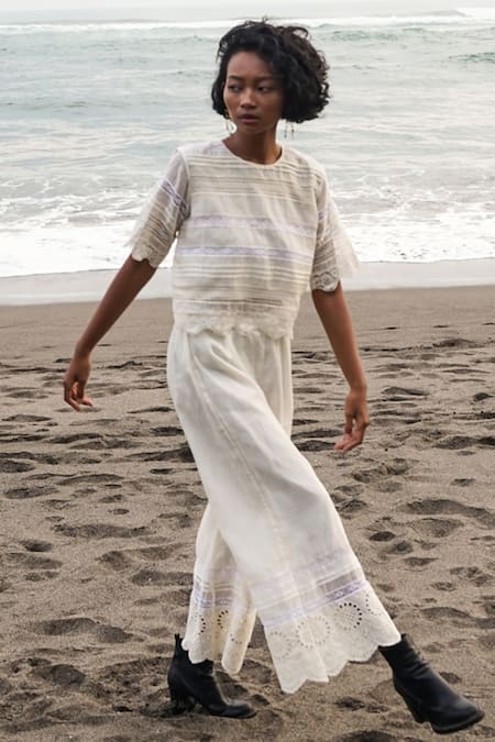 Baju Ivory Chanderi Cotton Silk Solid May Lace Work Pant Online at Aza Fashions Baju_Ivory Chanderi Cotton Silk Solid May Lace Work Pant _Online_at_Aza_Fashions