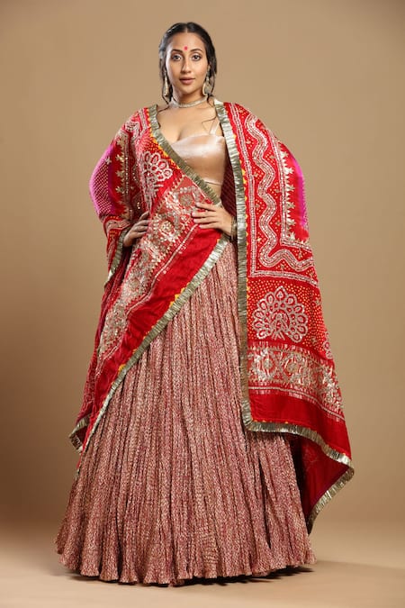 Buy_Etasha By Asha Jain_Gold Silk, Tissue, Gingham Embroidery, Fringe Sweetheart Neck Flared Lehenga Set _Online_at_Aza_Fashions
