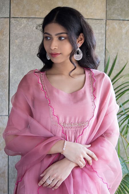 Buy Cupid Cotton Pink Chanderi Silk Lace, Embroidery Round Neck Kalidar Kurta Pant Set Online at Aza Fashions Buy_Cupid Cotton_Pink Chanderi Silk Lace, Embroidery Round Neck Kalidar Kurta Pant Set _Online_at_Aza_Fashions