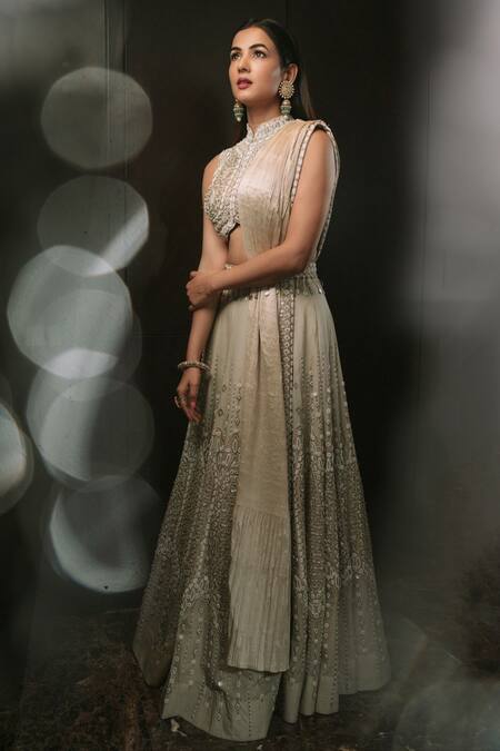 Reeti Arneja Ivory Organza, Taffeta Cut Day Dream And Cutdana Embroidered Bridal Lehenga Set at Aza Fashions Reeti Arneja_Ivory Organza, Taffeta Cut Day Dream And Cutdana Embroidered Bridal Lehenga Set _at_Aza_Fashions