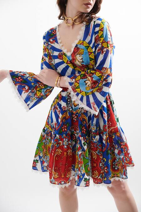 Buy_Cin Cin_Multi Color Cotton Lace V-neck Emperor Print Dress _Online_at_Aza_Fashions