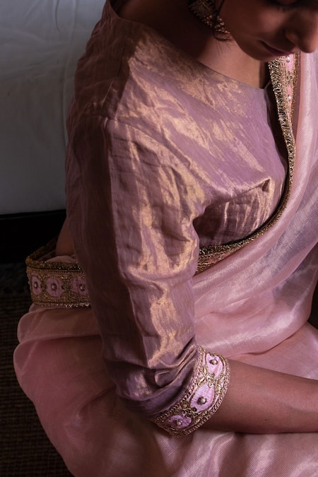 Buy_Shorshe Clothing_Pink Handloom Cotton Embroidery V-neck Tissue Blouse _Online_at_Aza_Fashions