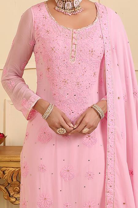 Buy_Esha Koul_Pink Georgette Embroidered And Embellished Chikankari Round Floral Work Kurta Set_Online_at_Aza_Fashions