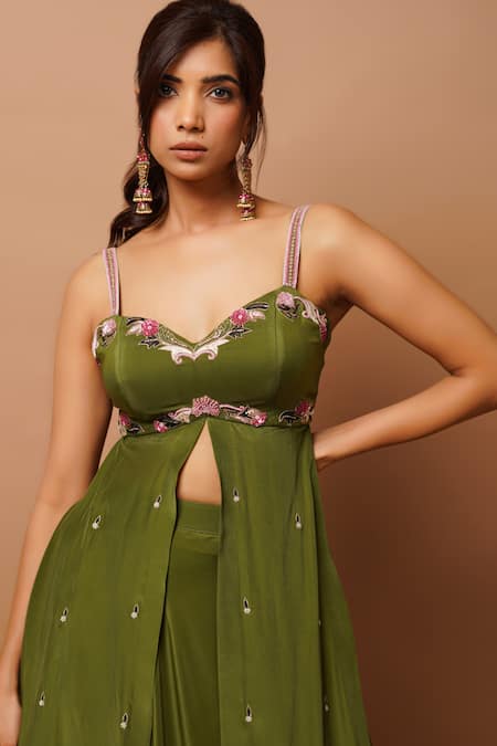 Buy_Ahi Clothing_Green Crepe Metallic Thread, Front-slit Kurta And Ruffle Hem Lehenga Set _Online_at_Aza_Fashions