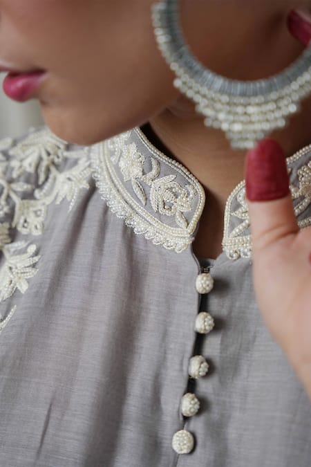 Buy_Kanika Sharma_Grey Chanderi Silk, Modal, Muslin Embroidery, Cut Work Bandeau Kurta Palazzo Set _Online_at_Aza_Fashions