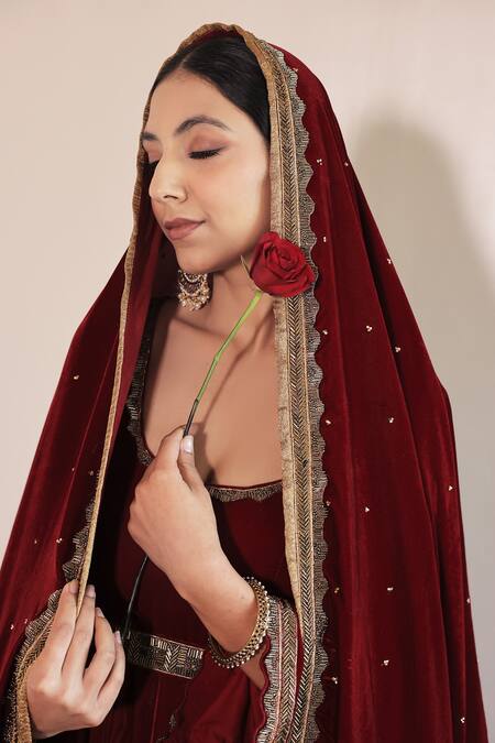 Buy Shrutkirti Red Silk, Velvet Tassels, Embroidery Round Neck Anarkali Palazzo Set Online at Aza Fashions Buy_Shrutkirti_Red Silk, Velvet Tassels, Embroidery Round Neck Anarkali Palazzo Set_Online_at_Aza_Fashions