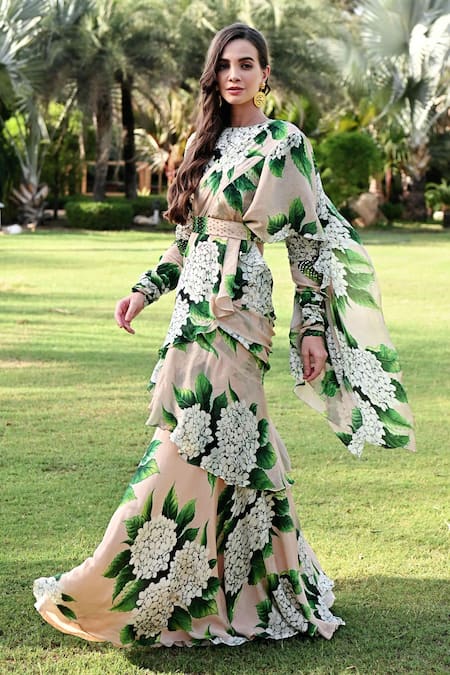 Buy_Sanam_Beige Chiffon Embroidery Round Neck Ruffled Floral Pattern Saree Set _Online_at_Aza_Fashions