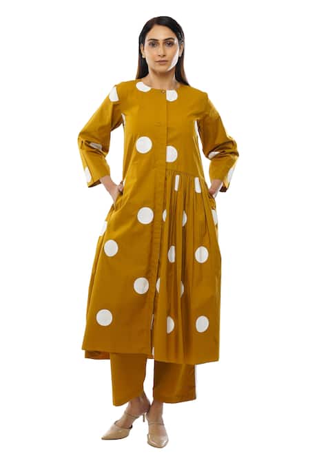 Buy_Khat_Yellow Round Neck Mustard Polka Dot Dress And Pant Set _Online_at_Aza_Fashions