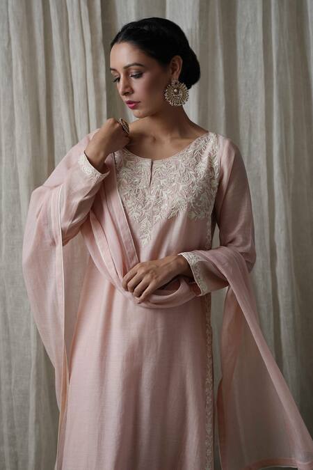 Buy Kanika Sharma Pink Chanderi Silk, Modal, Cotton, Muslin Pearls, Embroidery, Kurta Pant Set Online at Aza Fashions Buy_Kanika Sharma_Pink Chanderi Silk, Modal, Cotton, Muslin Pearls, Embroidery, Kurta Pant Set _Online_at_Aza_Fashions