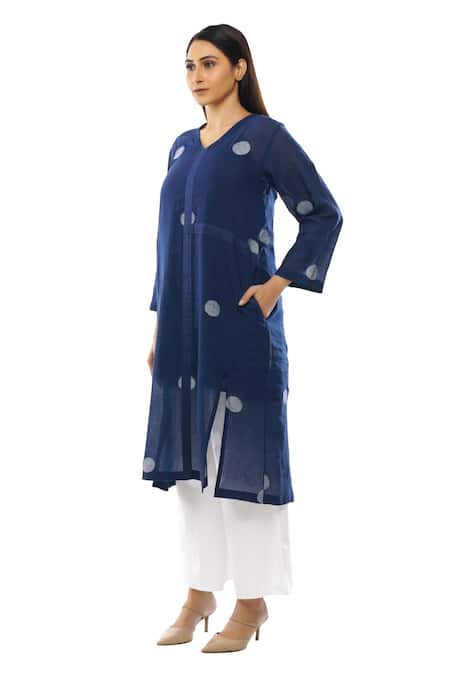 Shop_Khat_Blue Handloom Cotton Tassels, Lace V-neck Polka Dot Pattern Dress Pant Set _Online_at_Aza_Fashions