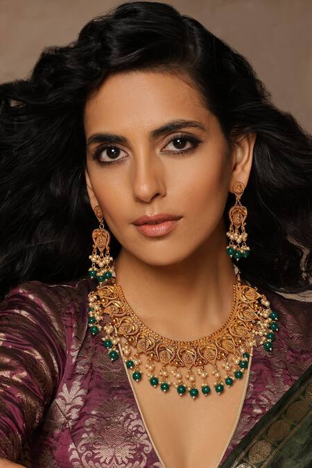 Buy_Swabhimann_Green Beads Embellished Temple Necklace Set _Online_at_Aza_Fashions