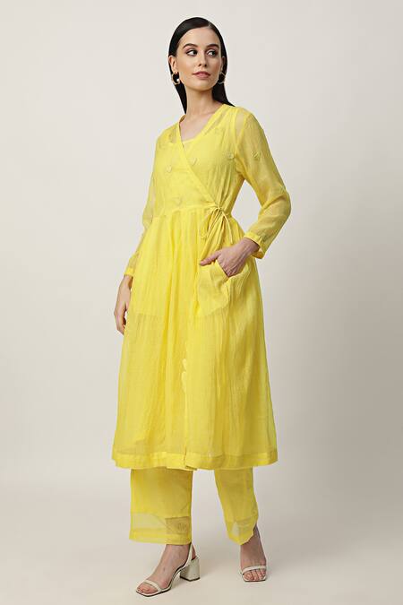 Buy_Musal_Yellow Cotton, Linen, Kota Doria, Kalie Embroidered Angarkha Kurta Pant Set_Online_at_Aza_Fashions