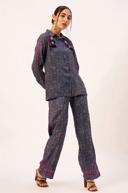 Buy_Zariya The Label_Blue Modal Tassels Shawl Neck Ajrakh Print Shirt And Pant Set _Online_at_Aza_Fashions