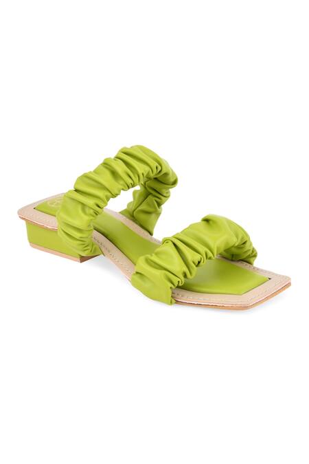 Buy Kaltheos Green Plain Maureen Square Toe Ruffle Strap Block Heels Online at Aza Fashions Buy_Kaltheos_Green Plain Maureen Square Toe Ruffle Strap Block Heels_Online_at_Aza_Fashions