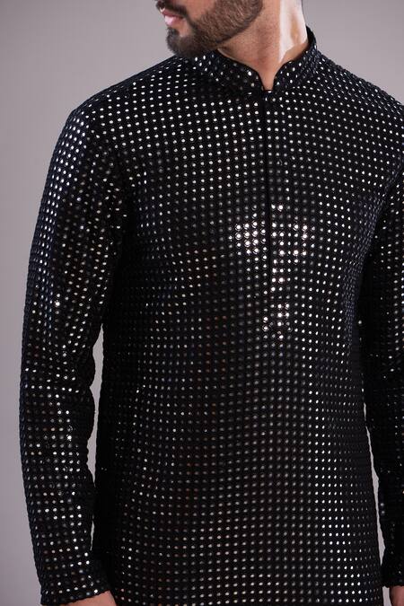 Buy_Kasbah_Black Georgette, Cotton Embroidery Mirror Work Straight Kurta_Online_at_Aza_Fashions