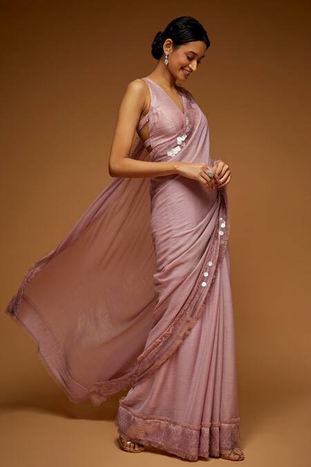 Buy_Neeta Lulla_Purple Chiffon Sequin Coin V Neck Embellished Border Saree With Blouse_Online_at_Aza_Fashions