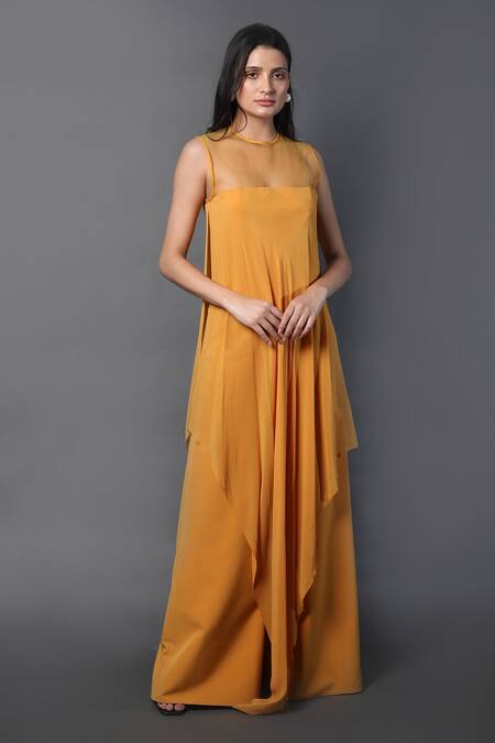Buy_Swatee Singh_Yellow Crepe, Georgette Round Neck Sheer Yoke Jumpsuit _Online_at_Aza_Fashions