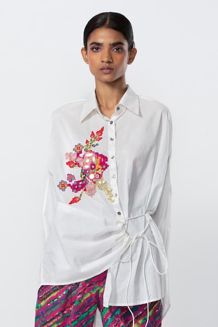 Buy_Saaksha & Kinni_White Cotton Mirrors, Embroidery Collared Hand Shirt_Online_at_Aza_Fashions