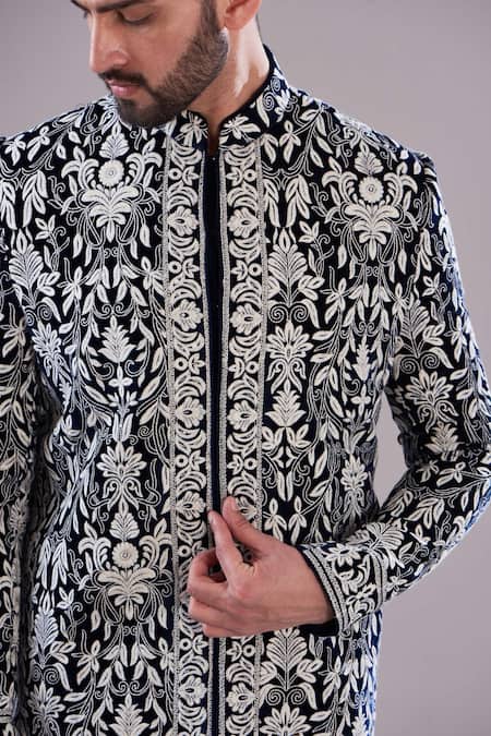 Buy Kasbah Blue Velvet Embroidery Floral Sherwani Online at Aza Fashions Buy_Kasbah_Blue Velvet Embroidery Floral Sherwani _Online_at_Aza_Fashions