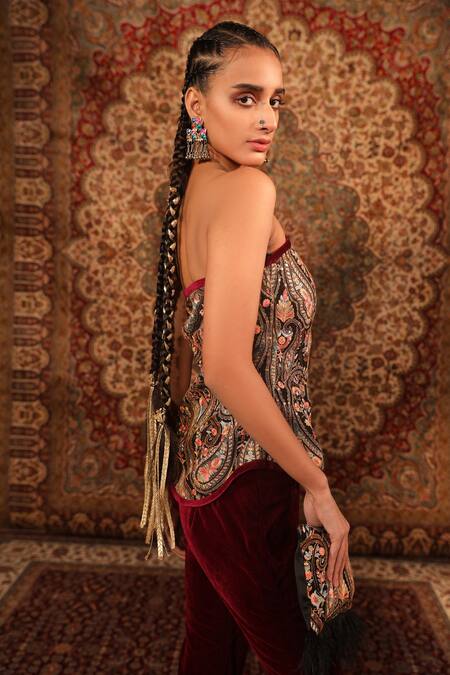 Buy_Aditi Gupta_Wine Top Satin Woven And Embroidered Jamawar Pattern & Kashida Work & Pant Set _Online_at_Aza_Fashions