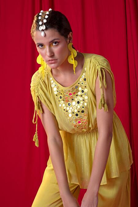 Buy_Enech_Yellow Georgette, Modal, Muslin Mirrors Shimmer Peplum Kaftan And Palazzo Set _Online_at_Aza_Fashions