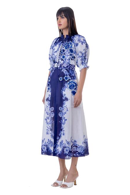 Buy Gaya White Ramie Linen Printed And Embroidered Baroque Dyme Dress Online at Aza Fashions Buy_Gaya_White Ramie Linen Printed And Embroidered Baroque Dyme Dress _Online_at_Aza_Fashions