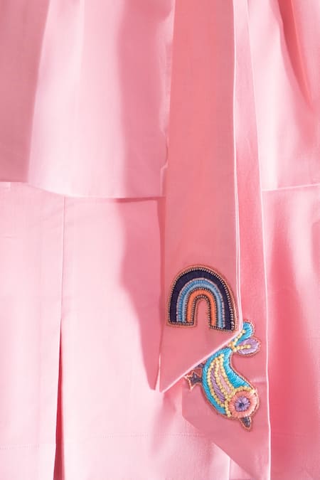 Buy_Little Luxury_Pink Cotton Satin Embroidery Bird And Rainbow Box Pleated Cape Jacket  _Online_at_Aza_Fashions