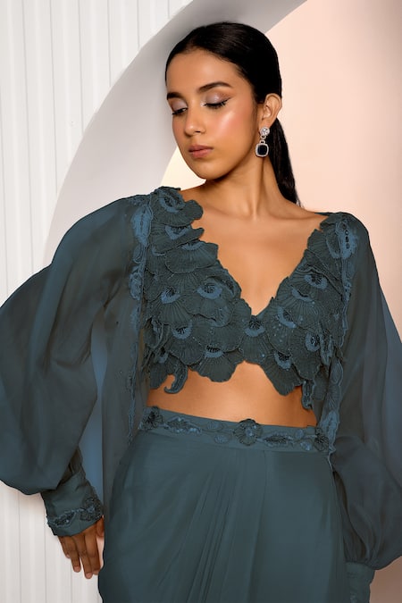 Buy Jade By Ashima Blue Organza, Crepe Embroidery, Tassels, Floral Blouse And Draped Skirt Set Online at Aza Fashions Buy_Jade By Ashima_Blue Organza, Crepe Embroidery, Tassels, Floral Blouse And Draped Skirt Set _Online_at_Aza_Fashions