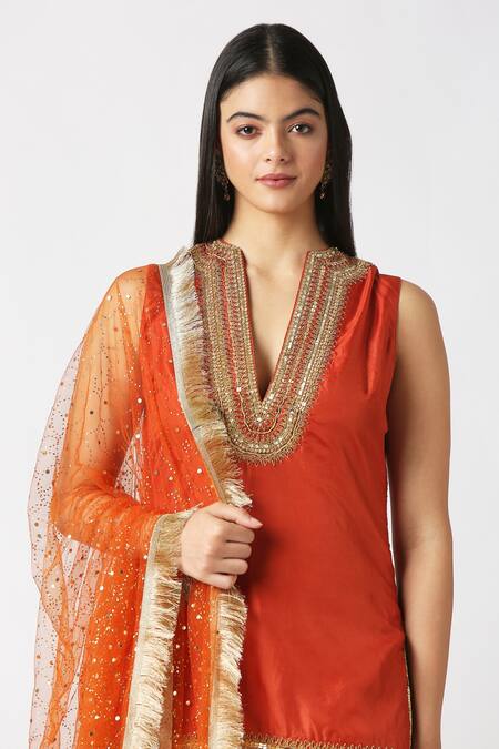 Buy_Labbada_Orange Kurta Pure Silk Hand Embroidered Marodi V Neck Short Patiala Set_Online_at_Aza_Fashions