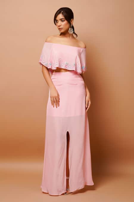 Buy_Ahi Clothing_Pink Crepe Zari, Cut Work Off-shoulder Off Embroidered Top And Draped Skirt Set _Online_at_Aza_Fashions