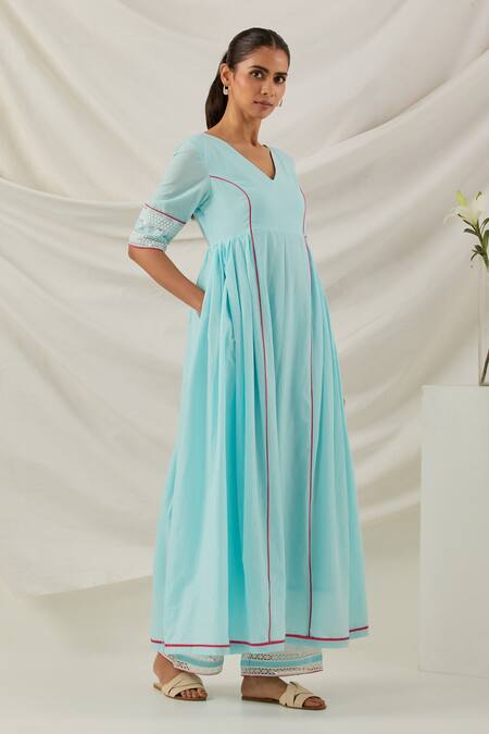 Buy The Indian Cause Blue Cotton Embroidery V-neck Placed Chikankari Anarkali Online at Aza Fashions Buy_The Indian Cause_Blue Cotton Embroidery V-neck Placed Chikankari Anarkali_Online_at_Aza_Fashions