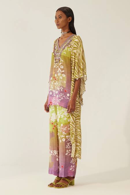 Buy Amka Green Crepe, Chiffon Embroidery V-neck Nikafika Leopard Print Cape Tunic Set Online at Aza Fashions Buy_Amka_Green Crepe, Chiffon Embroidery V-neck Nikafika Leopard Print Cape Tunic Set_Online_at_Aza_Fashions