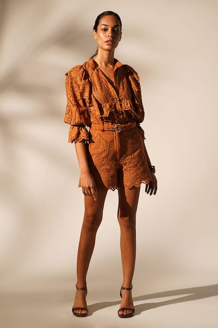 Buy Nikita Mhaisalkar Orange Chiffon, Cotton Cut Work Collared Schiffli Shirt And Shorts Set Online at Aza Fashions Buy_Nikita Mhaisalkar_Orange Chiffon, Cotton Cut Work Collared Schiffli Shirt And Shorts Set _Online_at_Aza_Fashions
